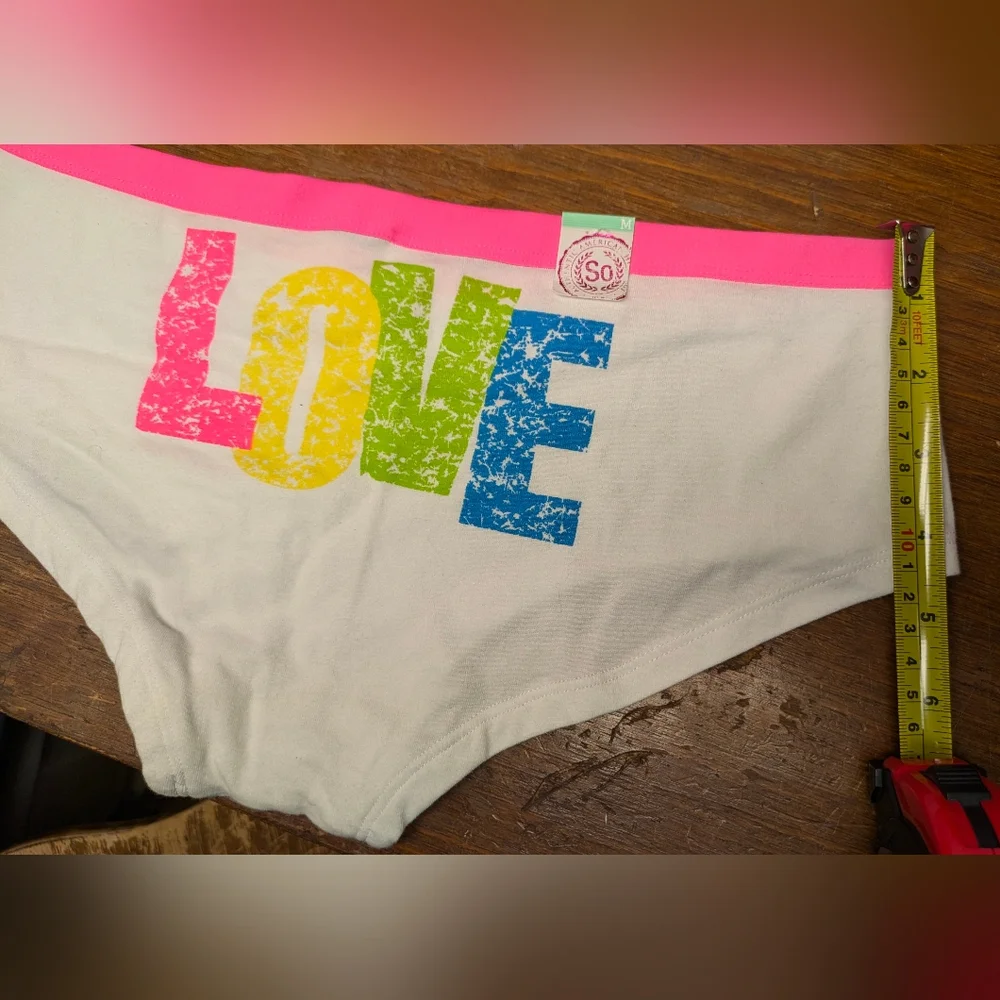 SO White Hipster Panties with Neon Rainbow LOVE Print and Pink Waistband Size M